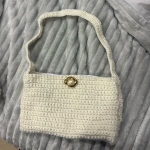 Chic Cream Crochet Shoulder Bag with Gold Accent